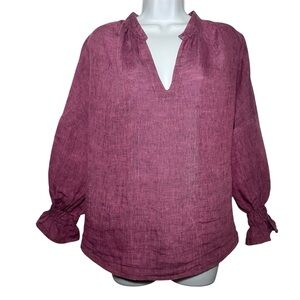 Finley Women’s Blackberry 100% Linen V-Neck Lagenlook Peasant Blouse- Medium